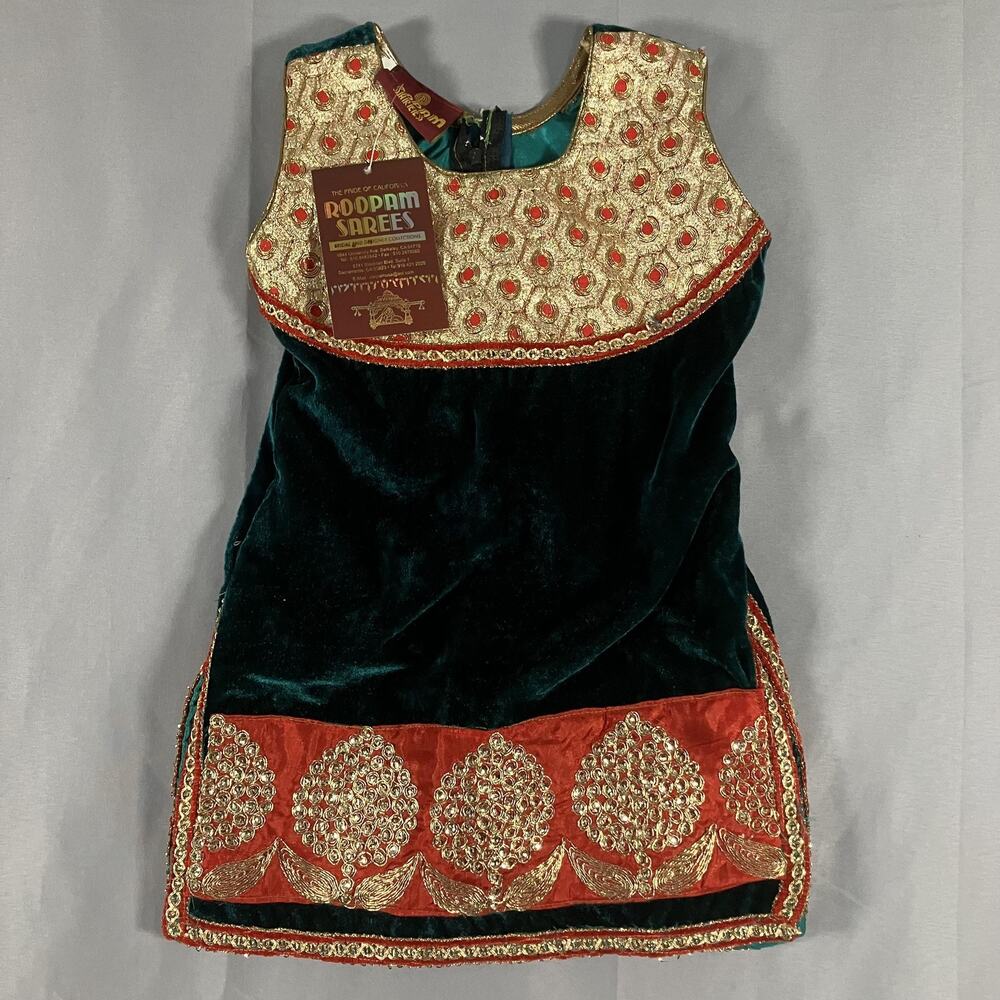 Roopam Sarees Dress Girls 16 Green Velvet Red Embroidered Indian Festive‎